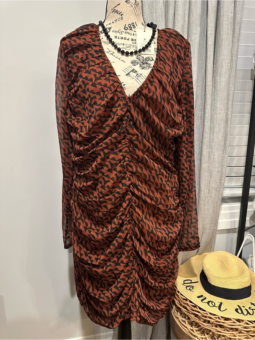 a new day Rust Brown & Black Printed Ruched V-Neck Long Sleeve Dress